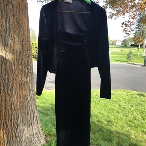 Floor length blue velvet dress